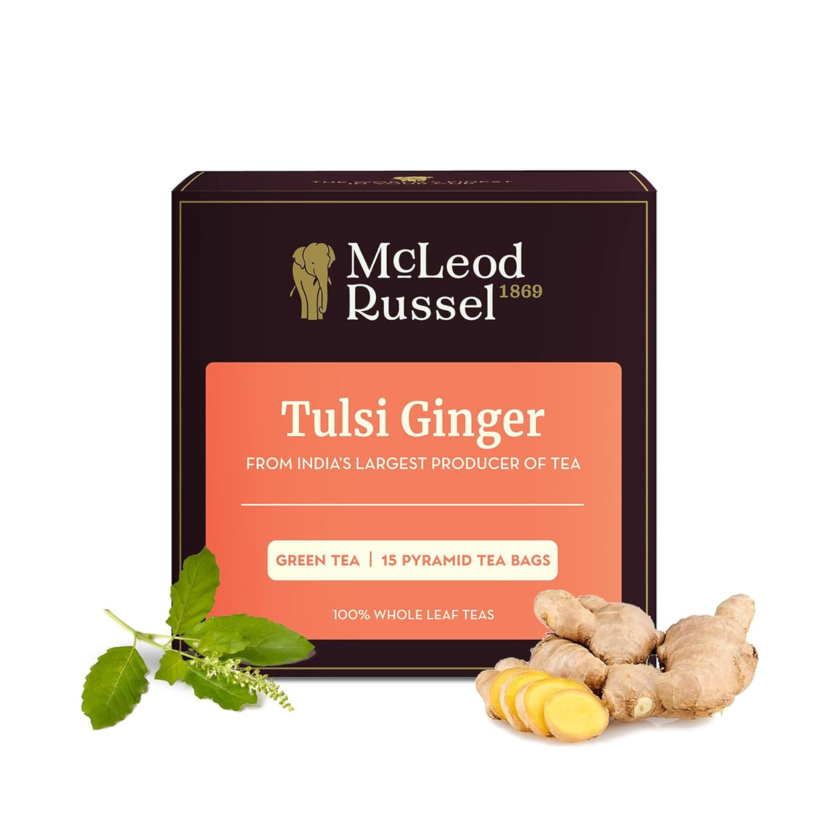 McLeod Russel 1869 Tulsi Ginger Green Tea - 70gm, 2.4 Ounce, 15 Pyramid Tea Bags | Immunity-Booster Long Leaf Green Tea - Pure & Natural Tulsi & Ginger | Low Caffeine