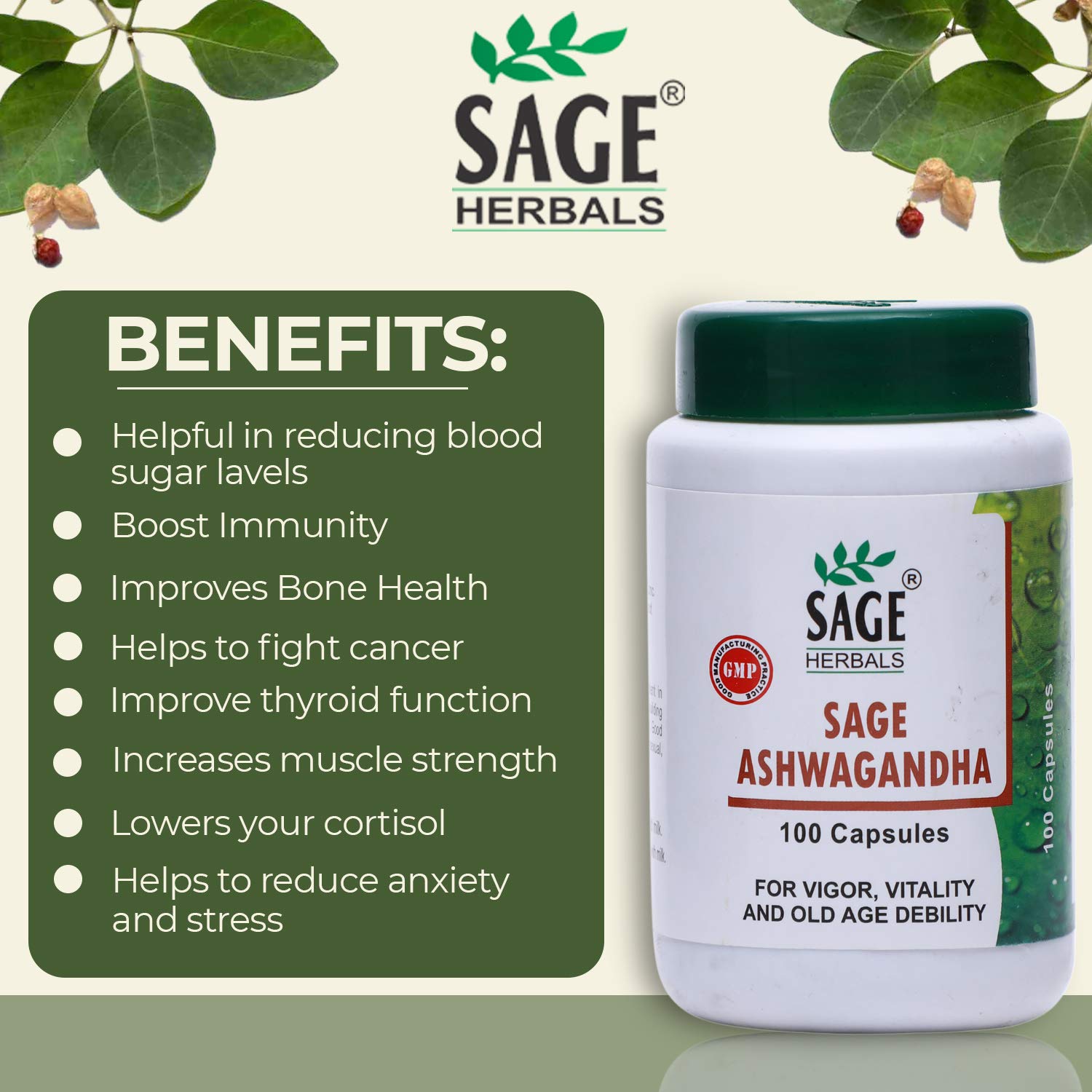 Sage Herbals Ashwagandha Capsules For Men, Immunity Booster, Improves Bone Health, Increase Muscle Strength | 100 Capsules 150gm 0.3lbs Each Pack Of 2
