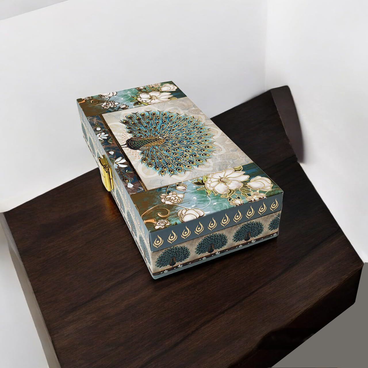 Peacock Design Gold Print Matt Touch Mgi Floral Decorative Box, Wedding Fancy Shagun Cash Box, Jewellery Box, Money Box, Gaddi Box, Material - Wood