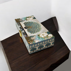 Peacock Design Gold Print Matt Touch Mgi Floral Decorative Box, Wedding Fancy Shagun Cash Box, Jewellery Box, Money Box, Gaddi Box, Material - Wood