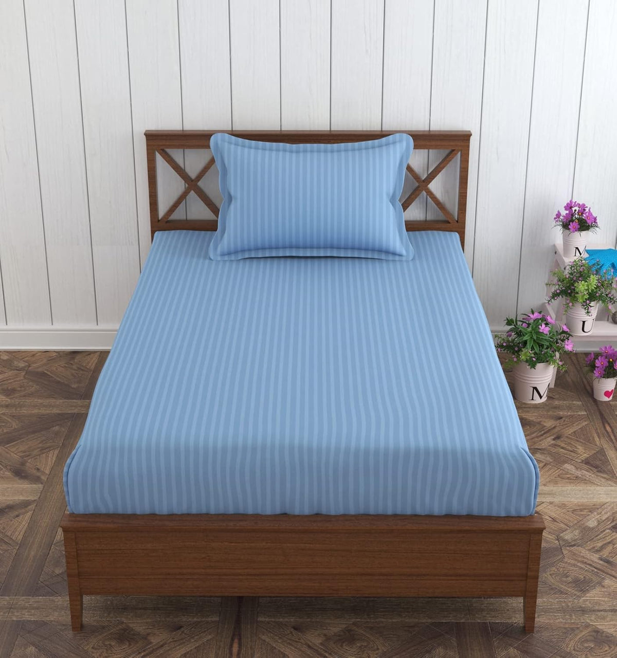 Elastic Fitted Cotton Single Bedsheet With One Matching Pillow Covers - 36 X 78 Inches, Sky Blue | Soft Touch, Comfortable & Breathable