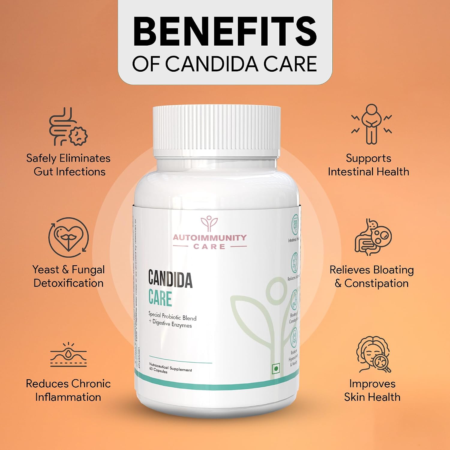 Autoimmunity Care Candida Care Special Probiotic Blend + Digestive Enzymes | Fights Infections, Leaky Gut And Candida Defense | 60 Capsules, 100gm 0.2lbs