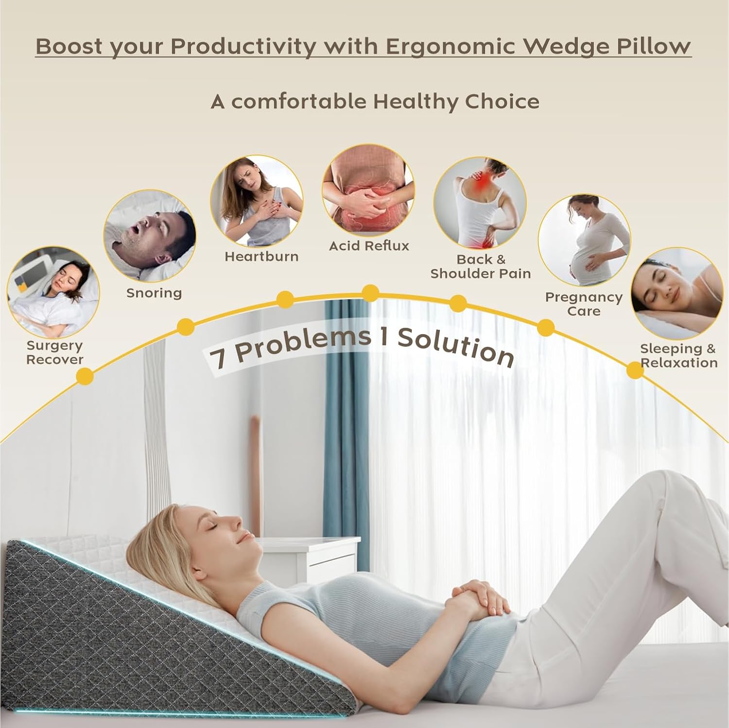 Wedge Cushion, Orthopedic Wedge Pillow For Bed, Neck Pain, White & Grey - 20 X 19.5 X 10 Inch | For Acid Reflux, Snoring, Gerd, Leg Elevation & Pregnancy | High-Resilience Memory Foam Pillow
