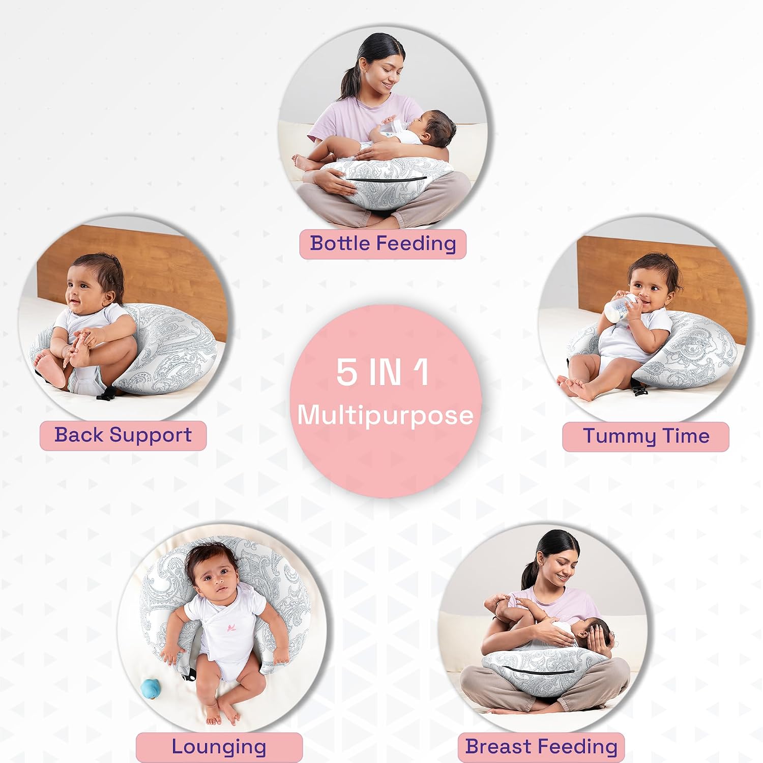 Feeding Pillow For New Born Baby, 5 In 1 Multipurpose Use, Nursing Pillow, White | Paisley Printed, For Breastfeeding With Cotton Removable Cover | Washable, Multi-Use & Easy To Clean