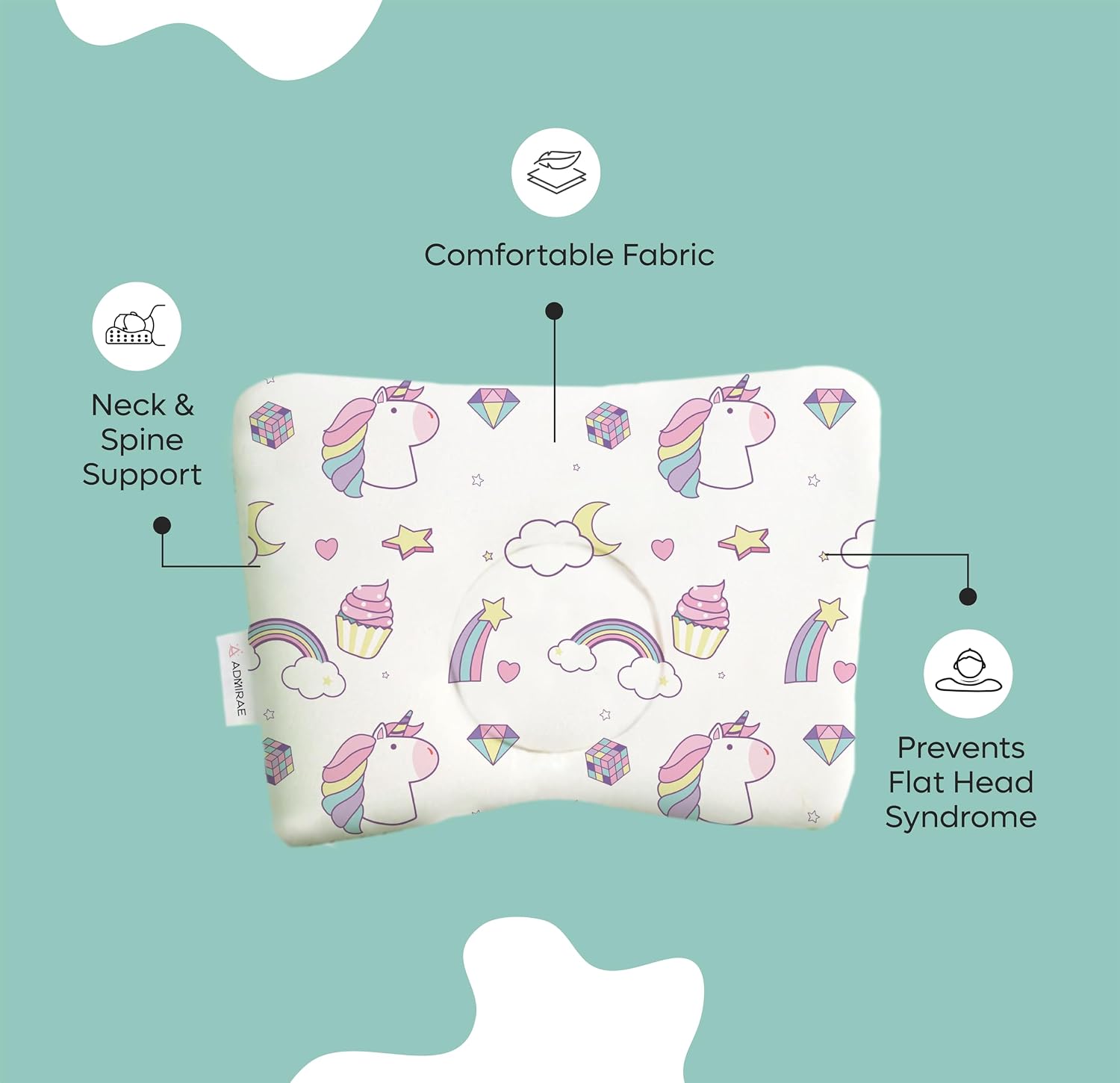 Premium Head Shaping Memory Foam Pillow, Unicorn Print, White - 33 X 23 X 4 Cm | Ultra-Soft & Breathable Fabric Pillow | Lightweight & Portable, Rectangle Deigns, Baby Pillow