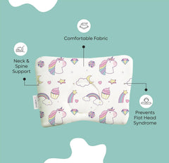 Premium Head Shaping Memory Foam Pillow, Unicorn Print, White - 33 X 23 X 4 Cm | Ultra-Soft & Breathable Fabric Pillow | Lightweight & Portable, Rectangle Deigns, Baby Pillow
