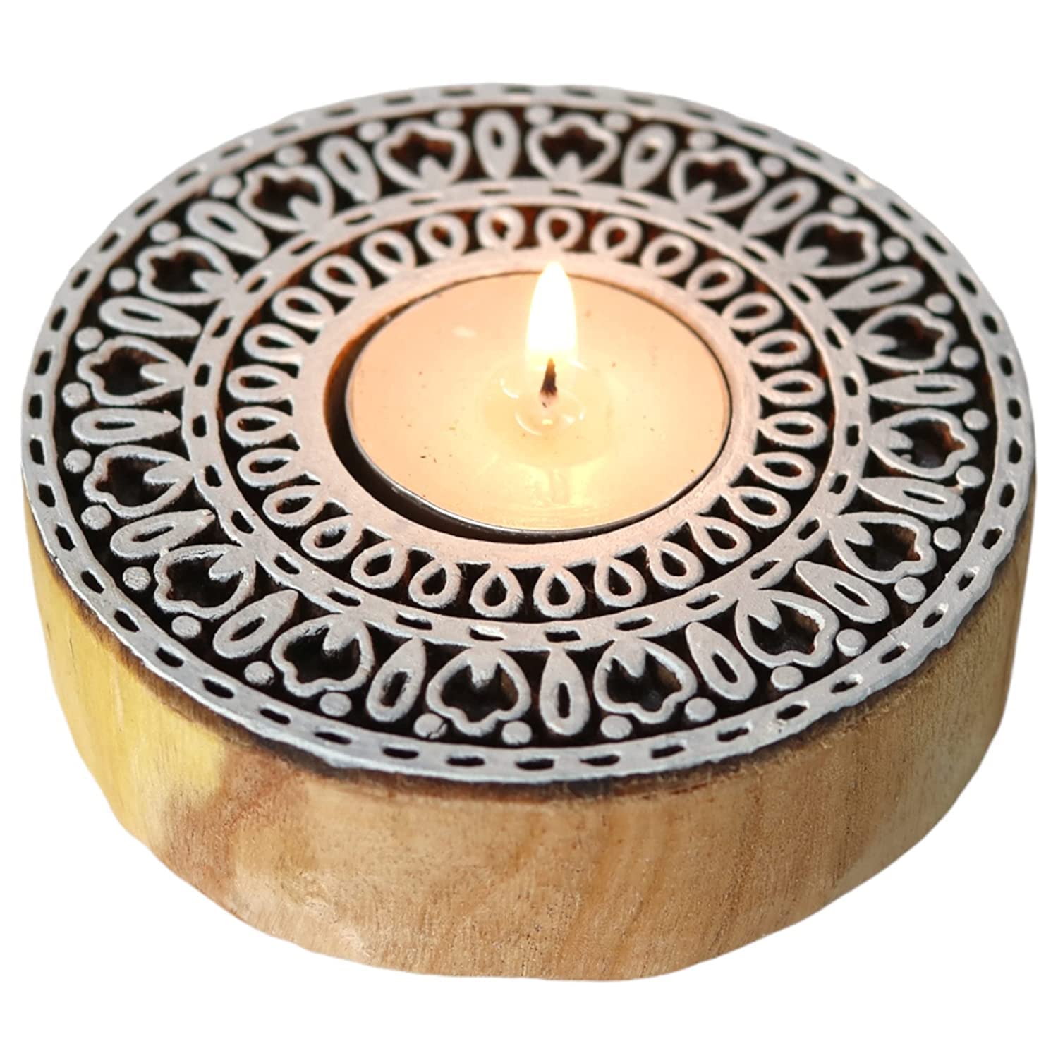 WOODEN ROUND BLOCK MANDALA STAMP PRINTING TEA LIGHTS CANDLE SET OF 2 TABLE DECOR