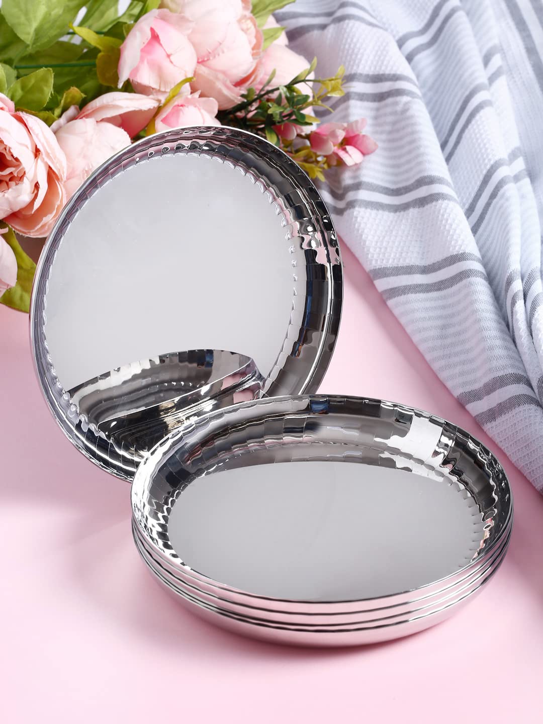 Chrome Stainless Steel Quarter Plate Set Of 6 - Rhythm Garden Series | Ribbed Pattern Glossy Finish | Salad & Snacks Plates - Flower Texture Plates | Serve Ware, Dinnerware & Tableware