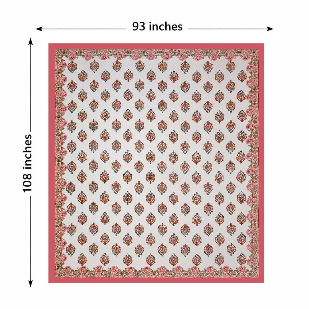 Hand Printed Cotton Bedsheet For King Size With 2 Pillow Covers | 93 X 108 Inches, Pink & Cream | Ultra-Soft & Skin-Safe | Breathable Summer Comfort