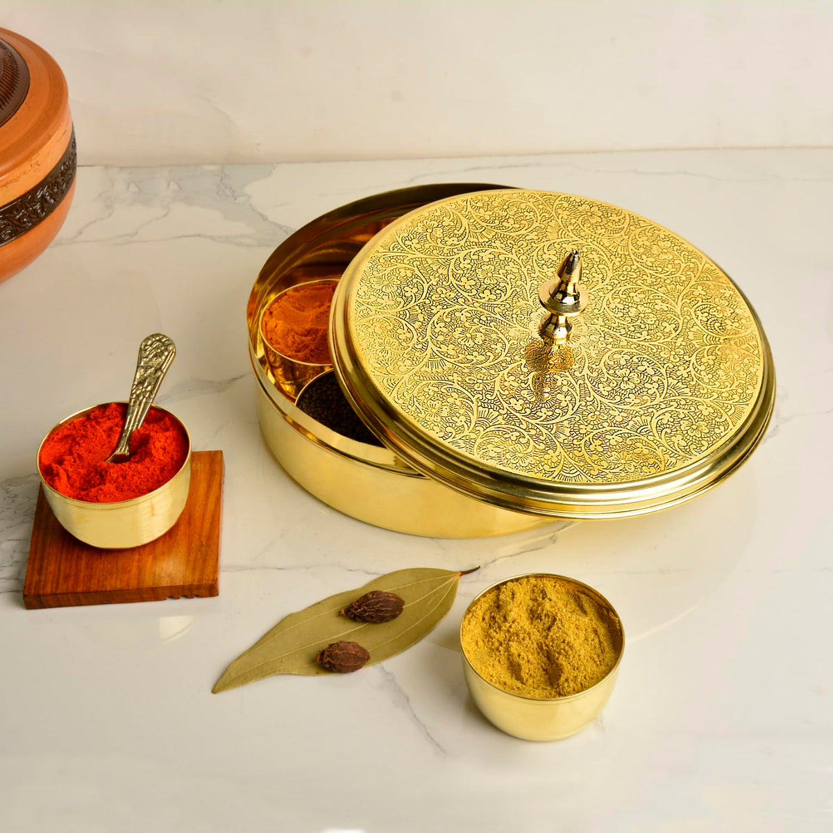 Premium Pure Brass Floral Etched Indian Spice Box For Kitchen With Spoon - 7 Containers, 80ml Each, Golden, Diameter - 7.2 Inches, Weight - 850gm | Peetal Masala Dani, Masala Dabba