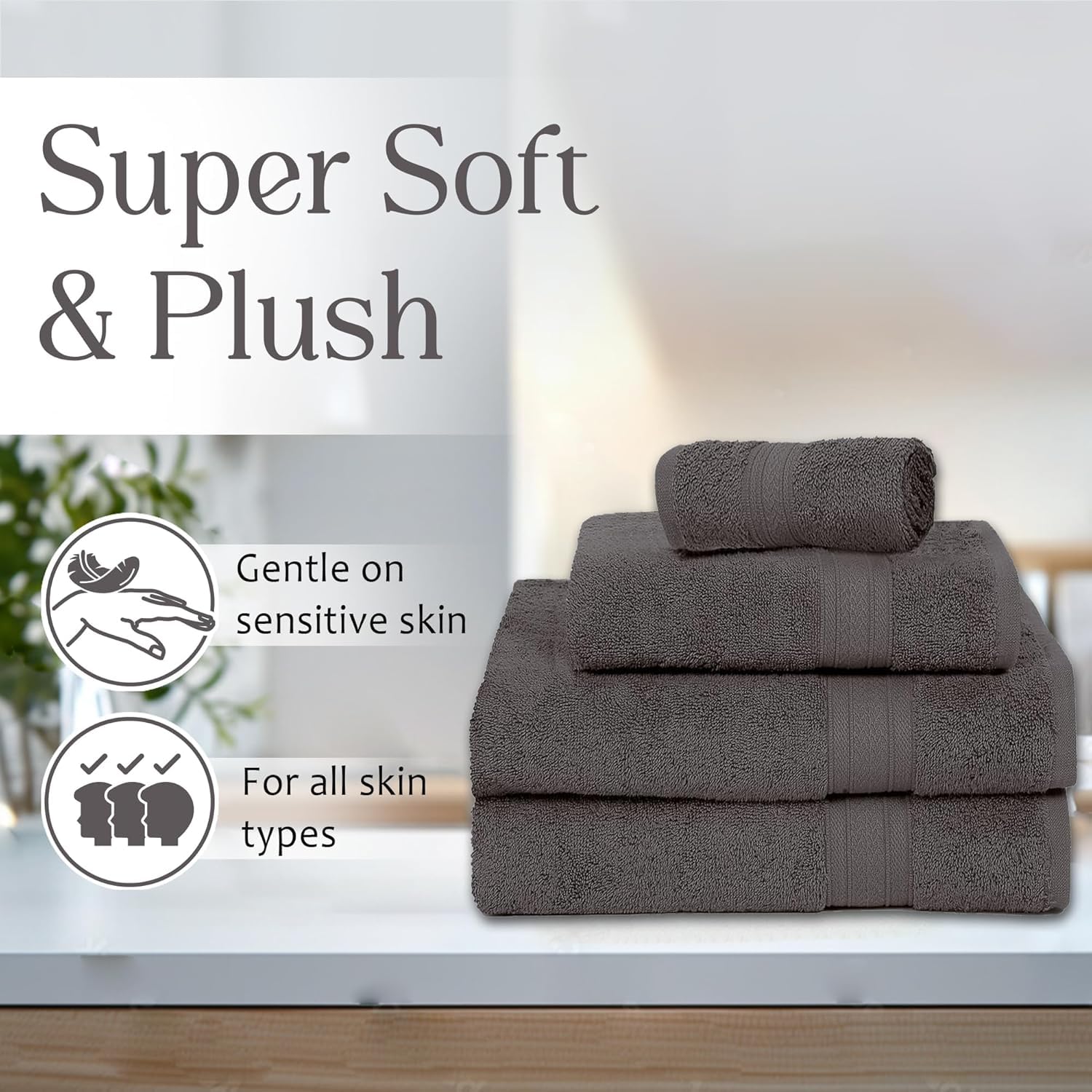 Ambra Linens 500 Gsm Highly Absorbent Towel 100% Cotton, Soft & Plush All Seasons Use, Large, Everyday Use, Durable (4 Pcs Solid Grey)