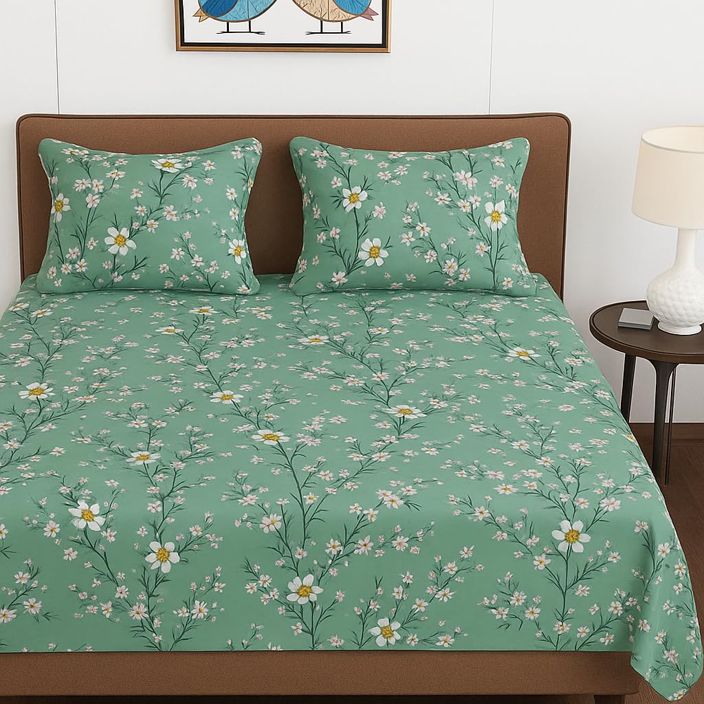 100% Cotton Double Bed Bedsheet Set With 2 Pillow Covers - 90 X 90 Inches, Mint Green | 144 Thread Count Soft & Breathable, For Bedroom & Gifting