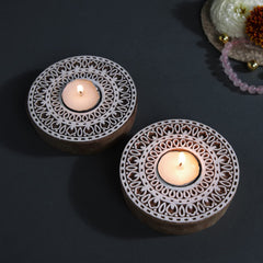 WOODEN ROUND BLOCK MANDALA STAMP PRINTING TEA LIGHTS CANDLE SET OF 2 TABLE DECOR