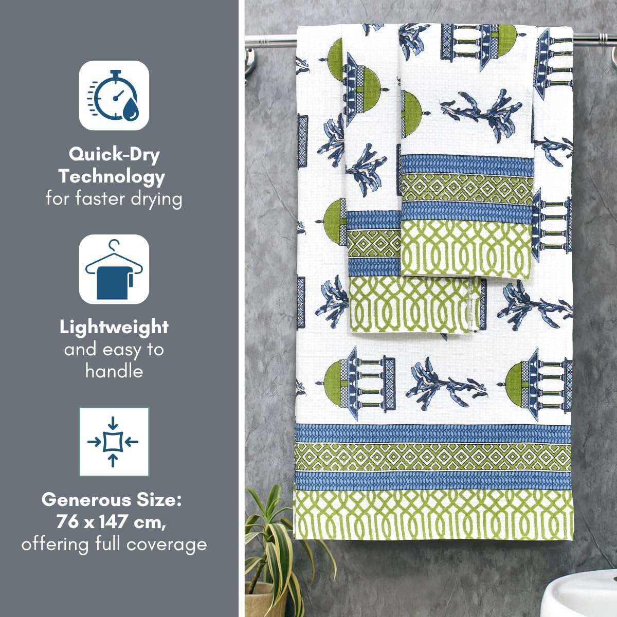 Mafatlal Madhuban Premium Waffle Cotton 1 Bath & 2 Hand Towel 700 Gsm | Hand Printed Quick Dry, Soft & Absorbent Towel (Faience) - 3 Pcs