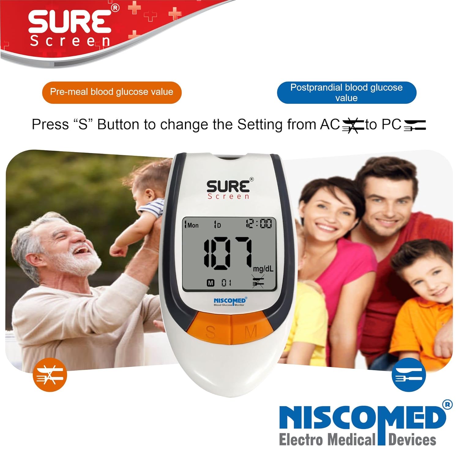 Niscomed Sure Screen Glucose Blood Sugar Testing Monitor With 75 Strips Glucometer (White) | Pain Free Testing Monitor