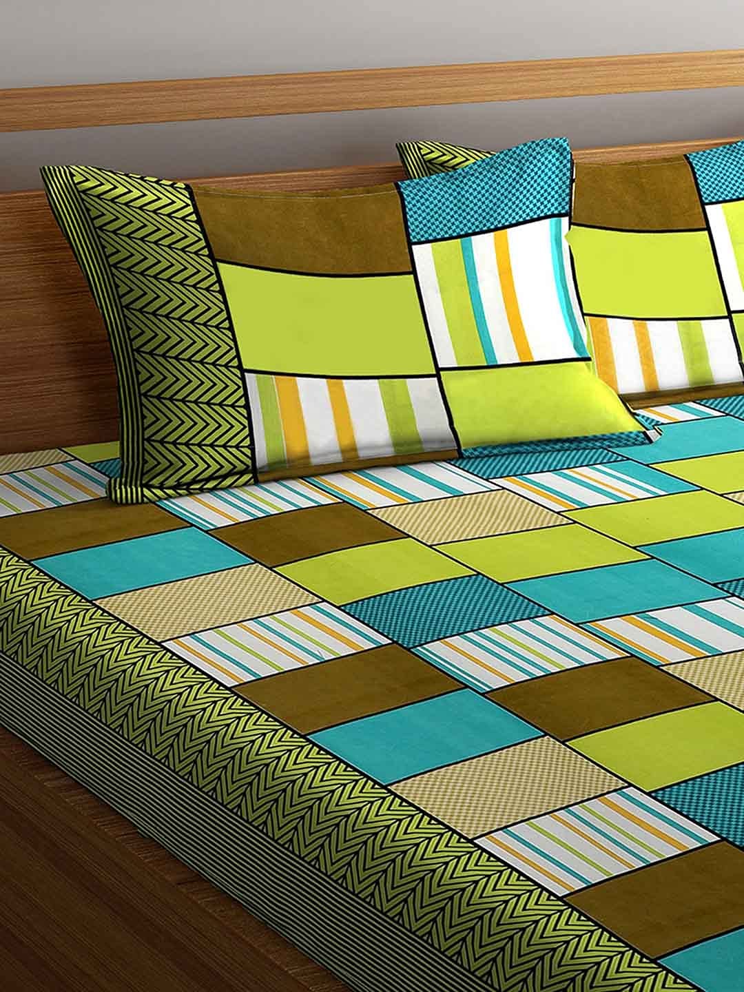 1 Double Bedsheet With 2 Pillow Covers - 85 X 86 Inches, Green & Sky Blue | Long-Lasting Color Comfortable Fabric Bedsheet