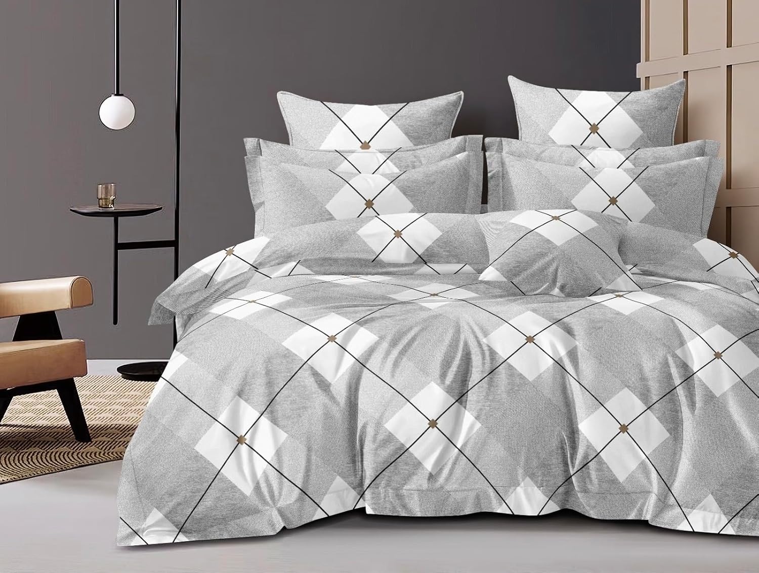1 Bedsheet For Double Bed With 2 Pillow Covers - 90 X 100 Inches, Grey & White | Premium Cotton Material Double Bedsheet Queen Size | Skin Friendly & Long Lasting