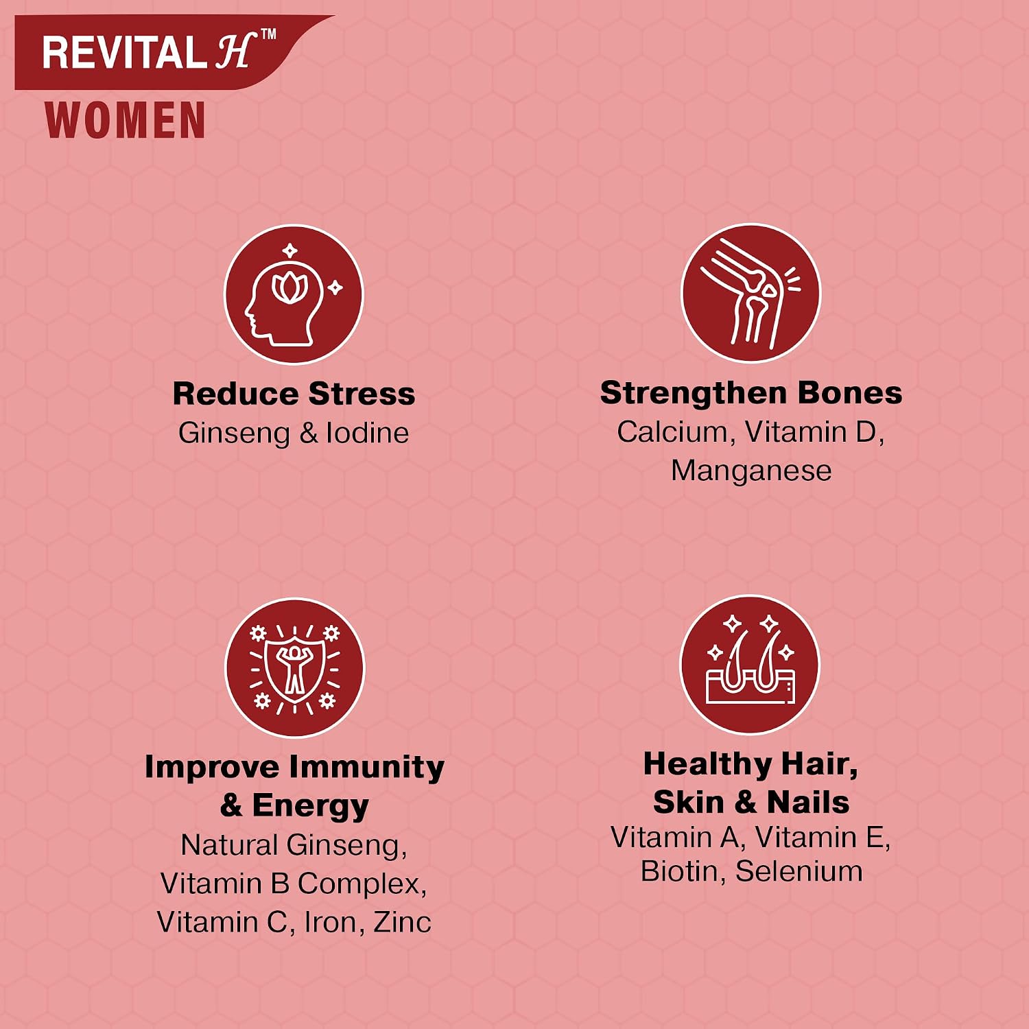 Revital H For Woman With Multivitamins, Calcium, Zinc & Natural Ginseng For Daily Immunity Strong Bones & Enhances Energy Level | 60 Tablets , 100gm 0.2lbs