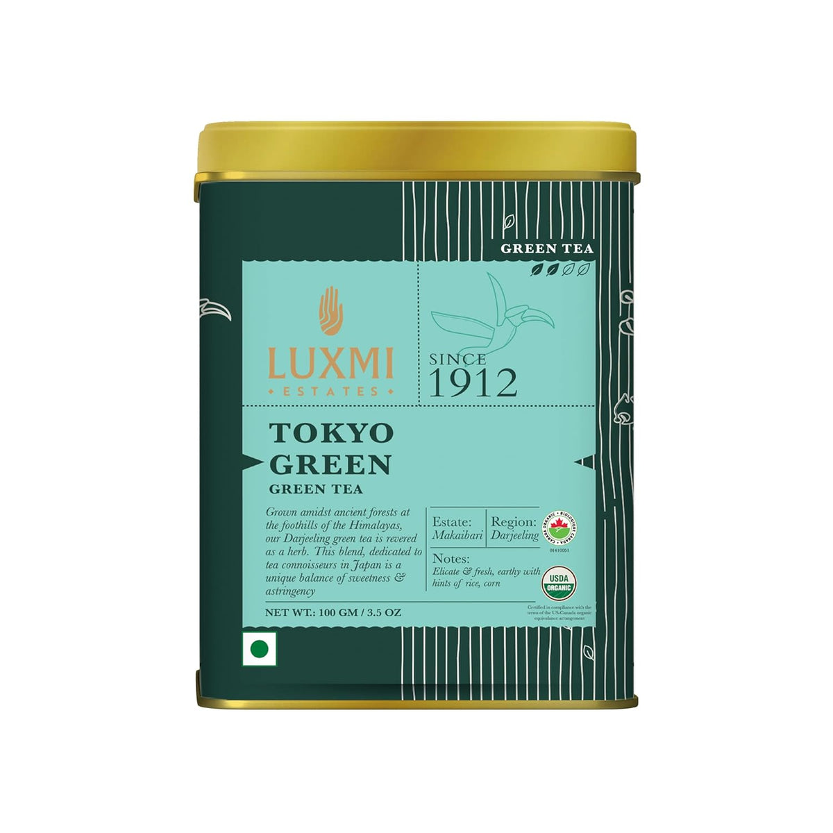 Luxmi Estates Tokyo Green Tea - 100gm, 3.5 Ounce, 50 Cups | USDA Organic Certified Green Tea - Low Caffeine Green Tea | Additives Free Loose Leaves, Rich In Antioxidants