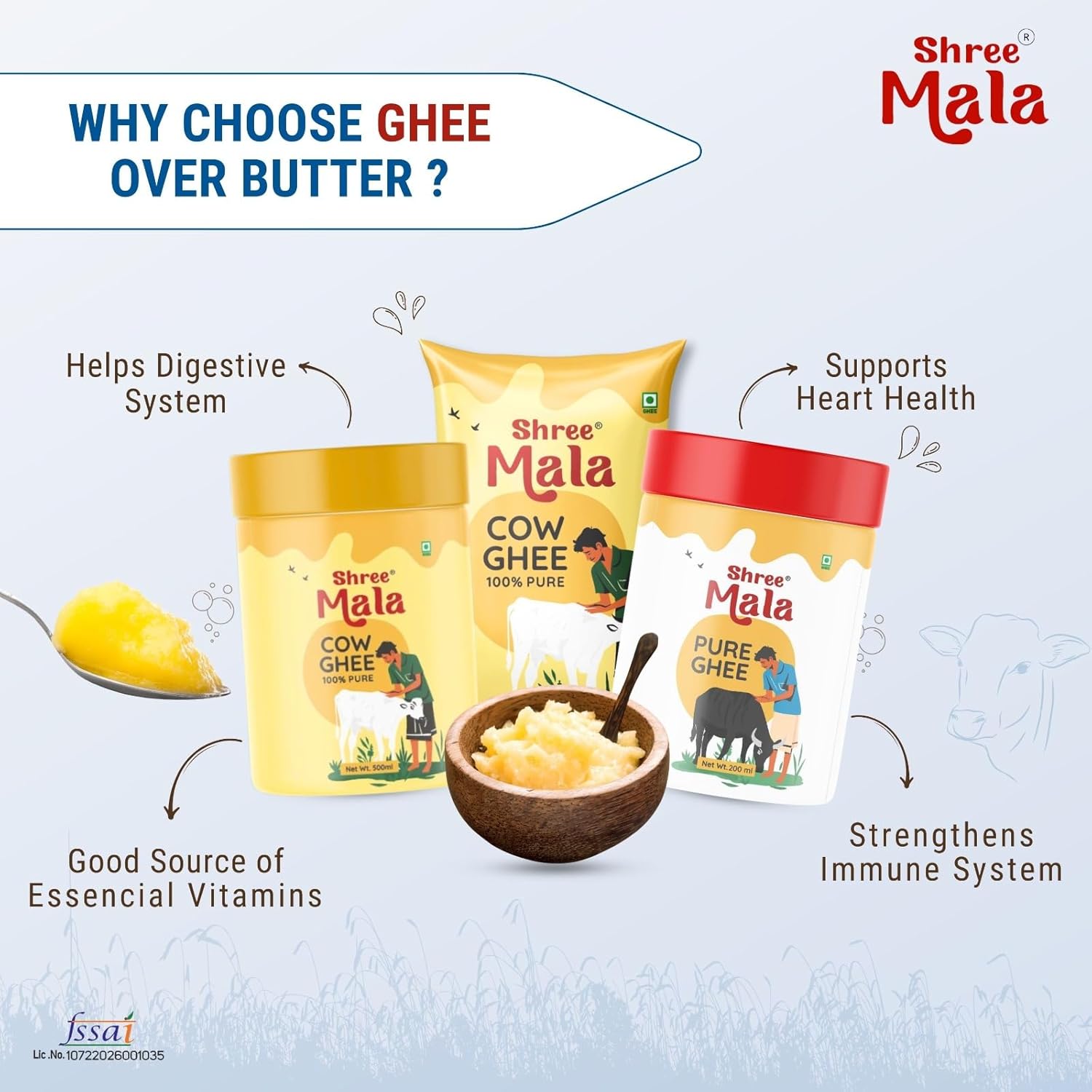 100% Pure Cow Ghee By Shreemala | Rich In Vitamins A, D, E & K Healthy Desi Ghee Good For Supports Overall Health | (500ml) 16.9 Ounce | Jar Pack