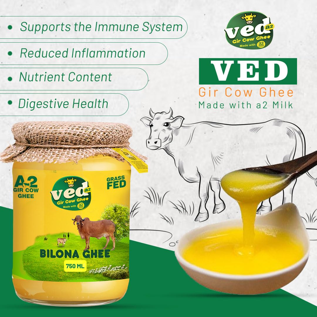 Natural A2 Gir Cow Ghee By Ved-A2 | Traditional Bilona Method Healthy Desi Ghee Good For Heart Health | (750ml) 25.3 Ounce | Jar Pack