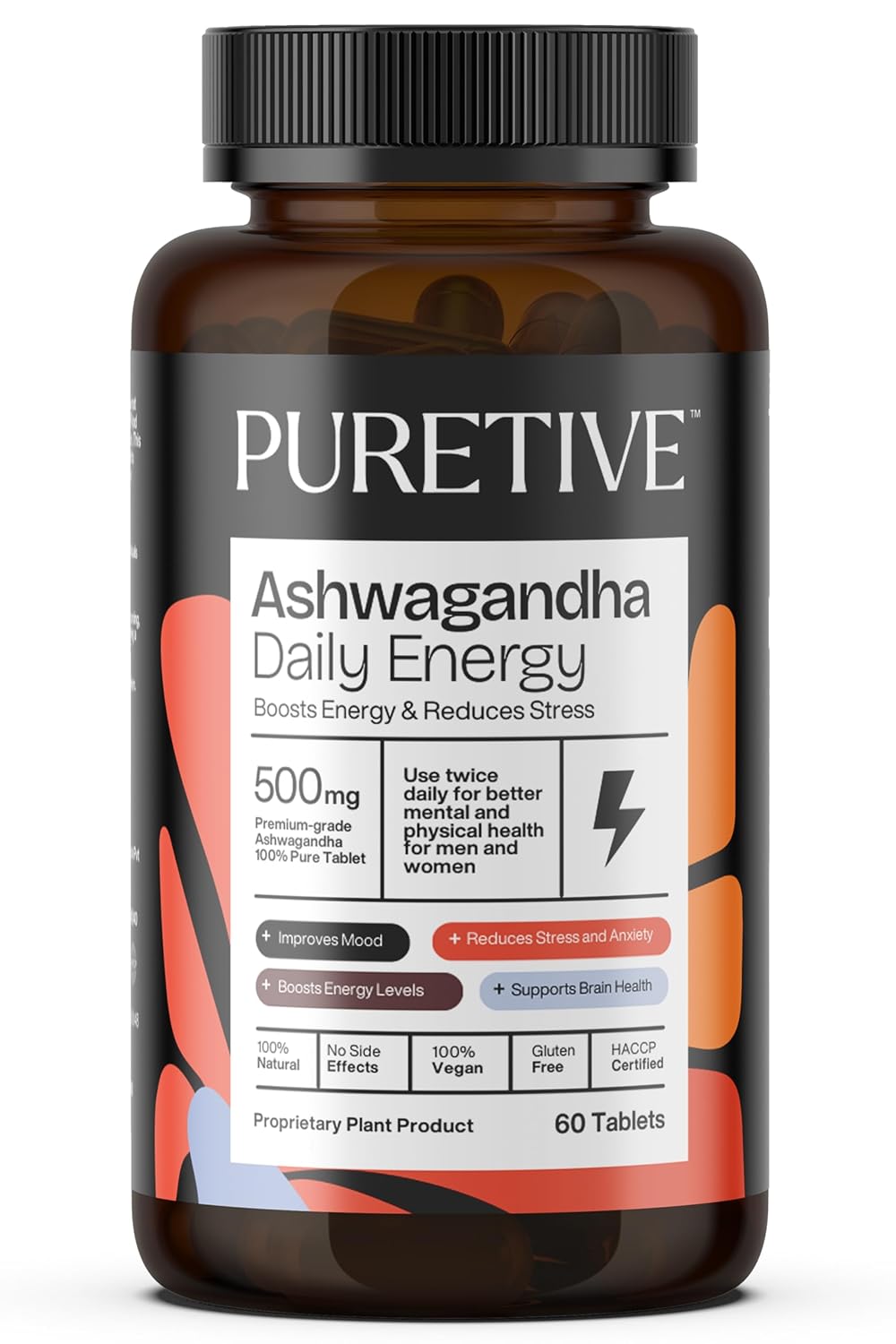Puretive Ashwagandha 500mg General Wellness Tablets Helps Release Stress, Rejuvenates Mind & Body, Extra Strength Natural Formulation | 60 Tablets 100gm 0.2lbs