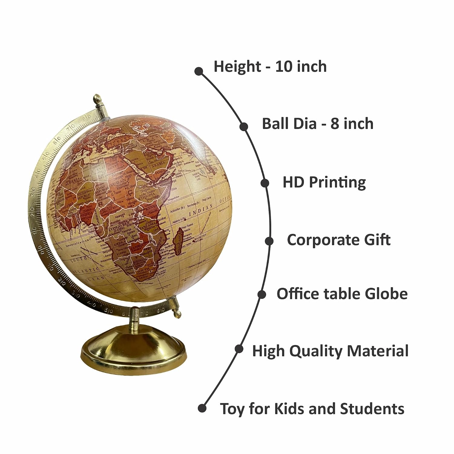 Rotating World Globe 8 Inch With Gold Metal Arc For Education & Learning For Kids & Students, Geography Lovers, Showpiece For Home Decor, Office Desk, Study Table, Gift, Pack Of 1