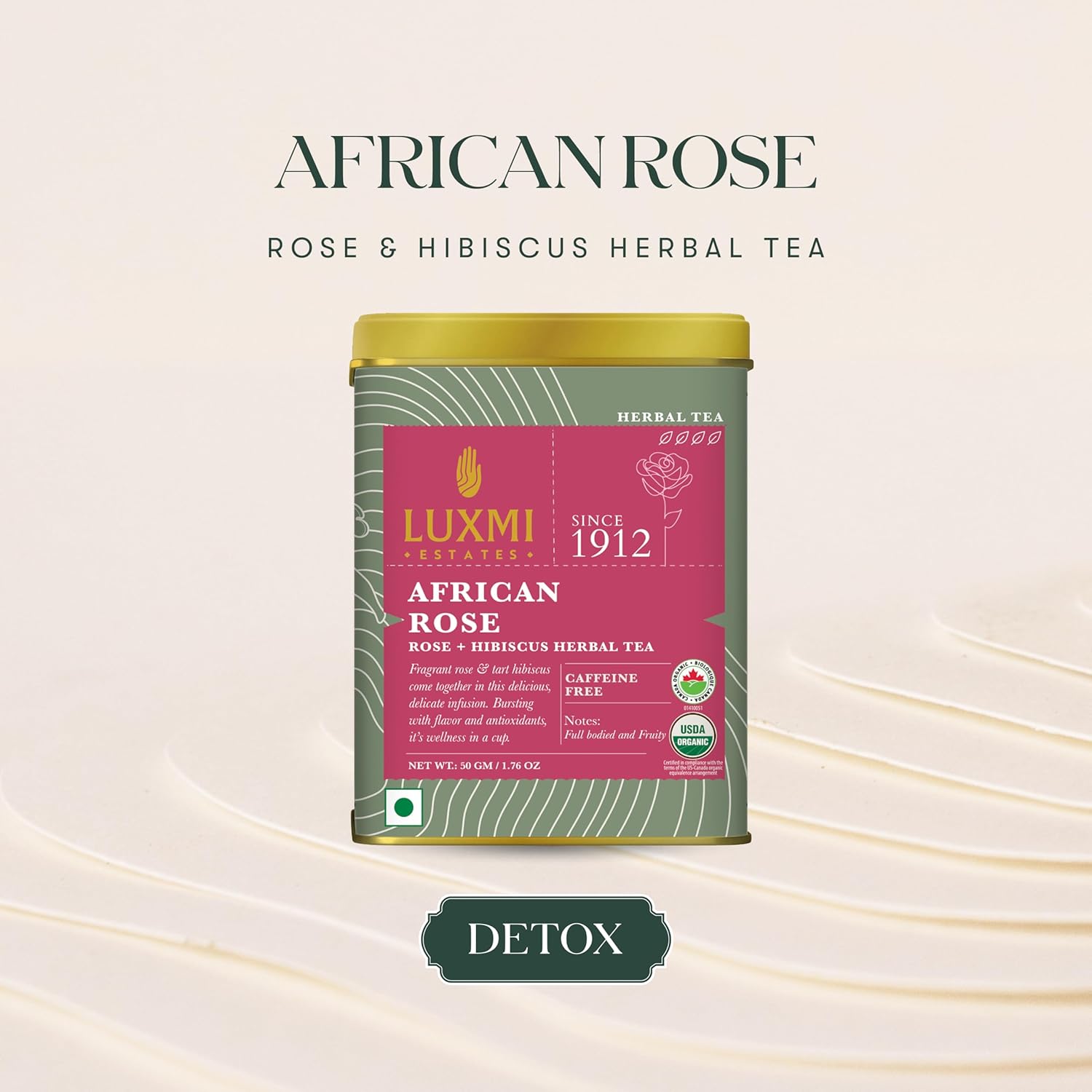 Luxmi Estates African Rose + Hibiscus Herbal Tea Pack Of 2 - 50gm Tin, 1.7 Ounce | USDA Certified Organic Tea - Caffeine Free Herbal Tea Bags | Rich In Antioxidants, Additives Free