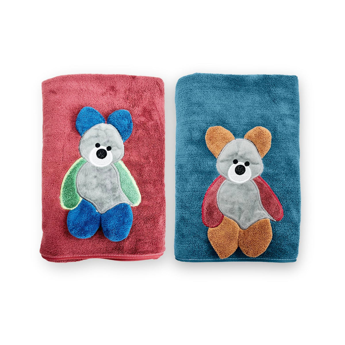 Maxoshine Microfiber Kids Bath Towels 300 Gsm | Quick Drying Towels Kids-Teddy Bear Print Baby Towel For Boys & Girls Pack Of 2 (Blue & Red)