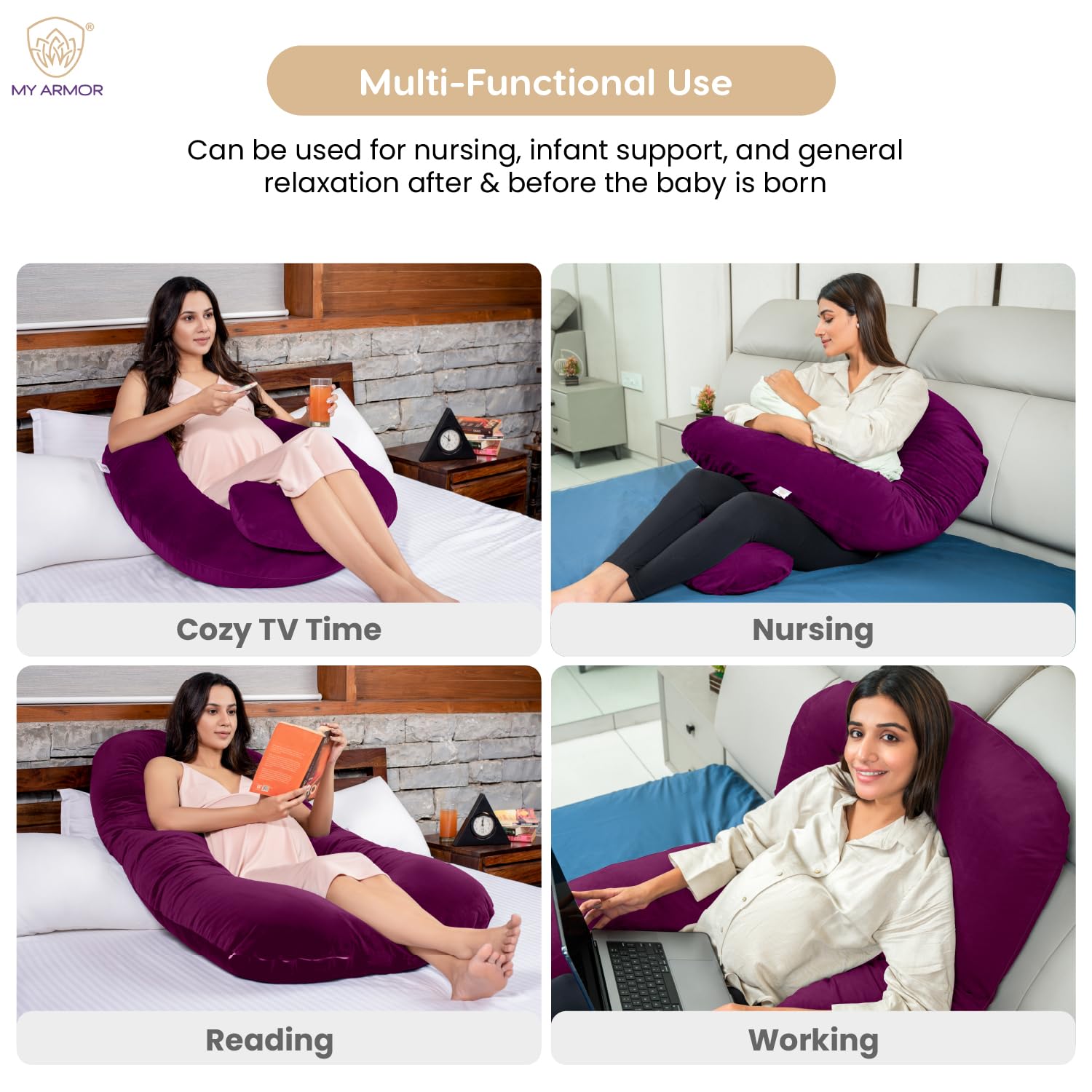 Full Body U Shape Pregnancy Pillow For Women, Maternity Pillow, Purple Color | Pillow Gift For Pregnancy Sleeping, Premium Velvet Cover With Zip | Adjustable & Washable, Relieves Pain