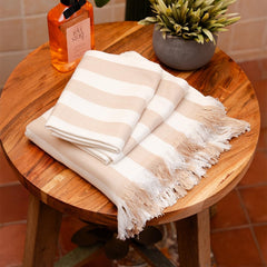 Debaans Bamboo 1 Bath & 2 Hand Towels 800 Gsm | 100% Bamboo, Quick Dry, Lightweight Towels (Beige Stripes)- Set Of 3