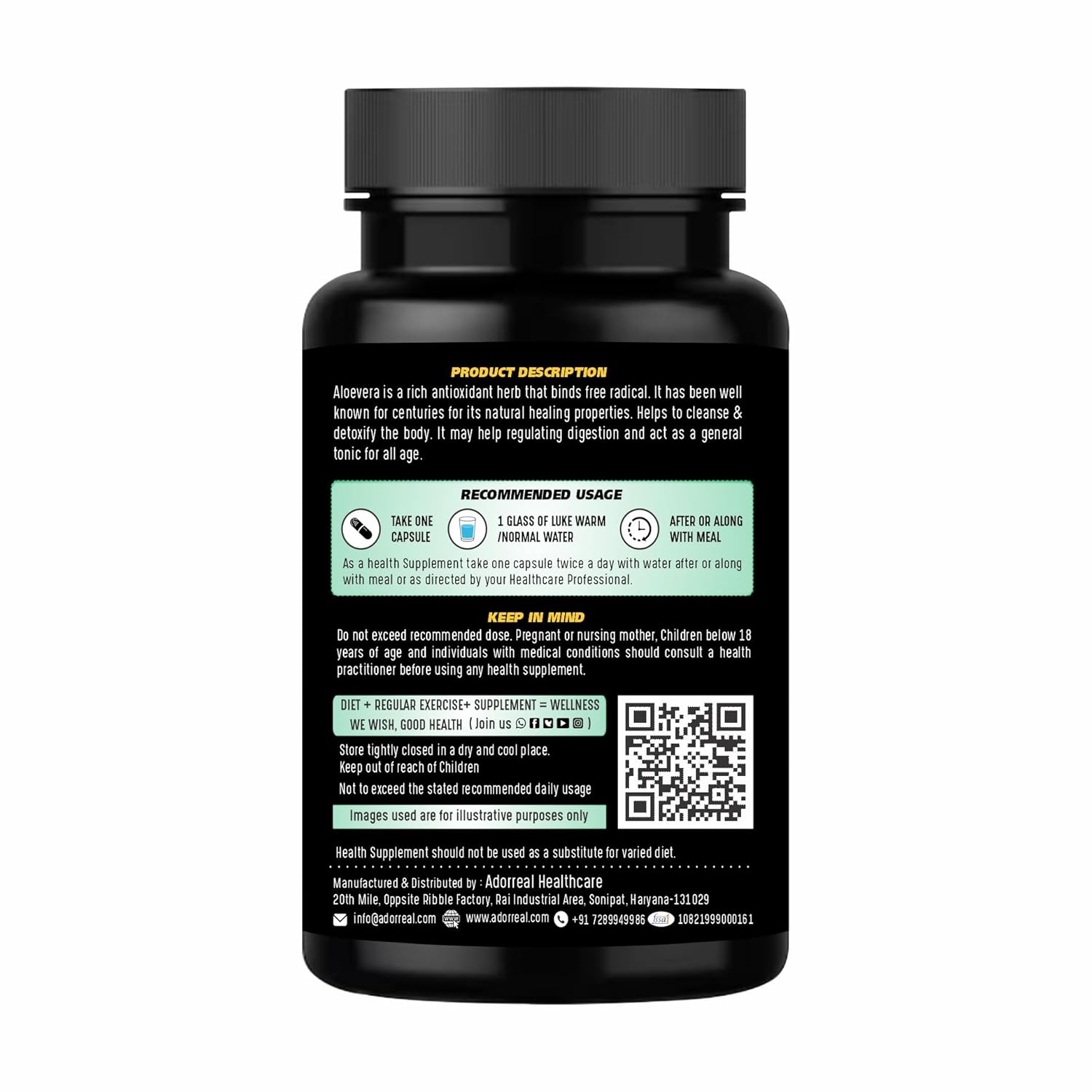 Adorreal Aloevera Extract Capsules, Weight Management, Boosts Digestion, Skin Health Support, Antioxidant Properties, Immunity Booster | 60 Capsules, 100gm 0.2lbs