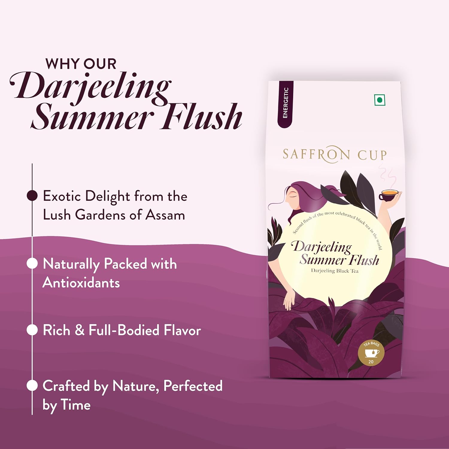 Saffron Cup Darjeeling Summer Flush Energetic Black Tea - 20 Pyramid Tea Bags | 100% Natural, Rich In Antioxidants - Perfect For Connoisseurs & Heart Health | Low Caffeine, Rich & Full Bodied Flavor
