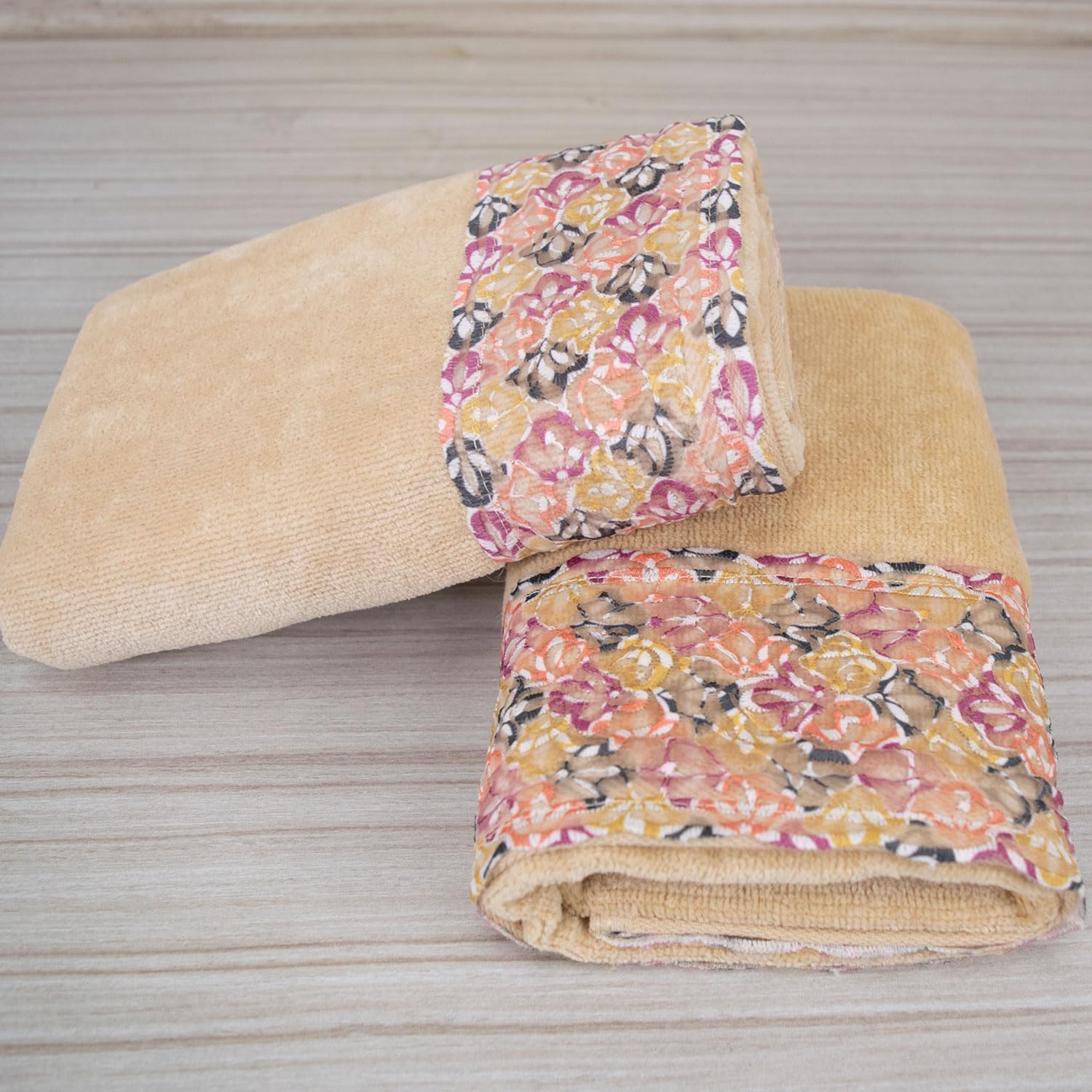 Rangoli Prima Dream 100% Cotton Lace Hand Towel 400 Gsm | Ultra Soft, Super Absorbent & Eco-Friendly Hanging Hand Towels (Beige) - Pack Of 2