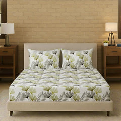 Double Bedsheet For King Size Elastic Fitted Bedsheet With 2 Pillow Covers - 72 X 84 Inches, White & Green | Lightweight, Soft, Skin Friendly - Durable Bedsheets For Everyday Comfort