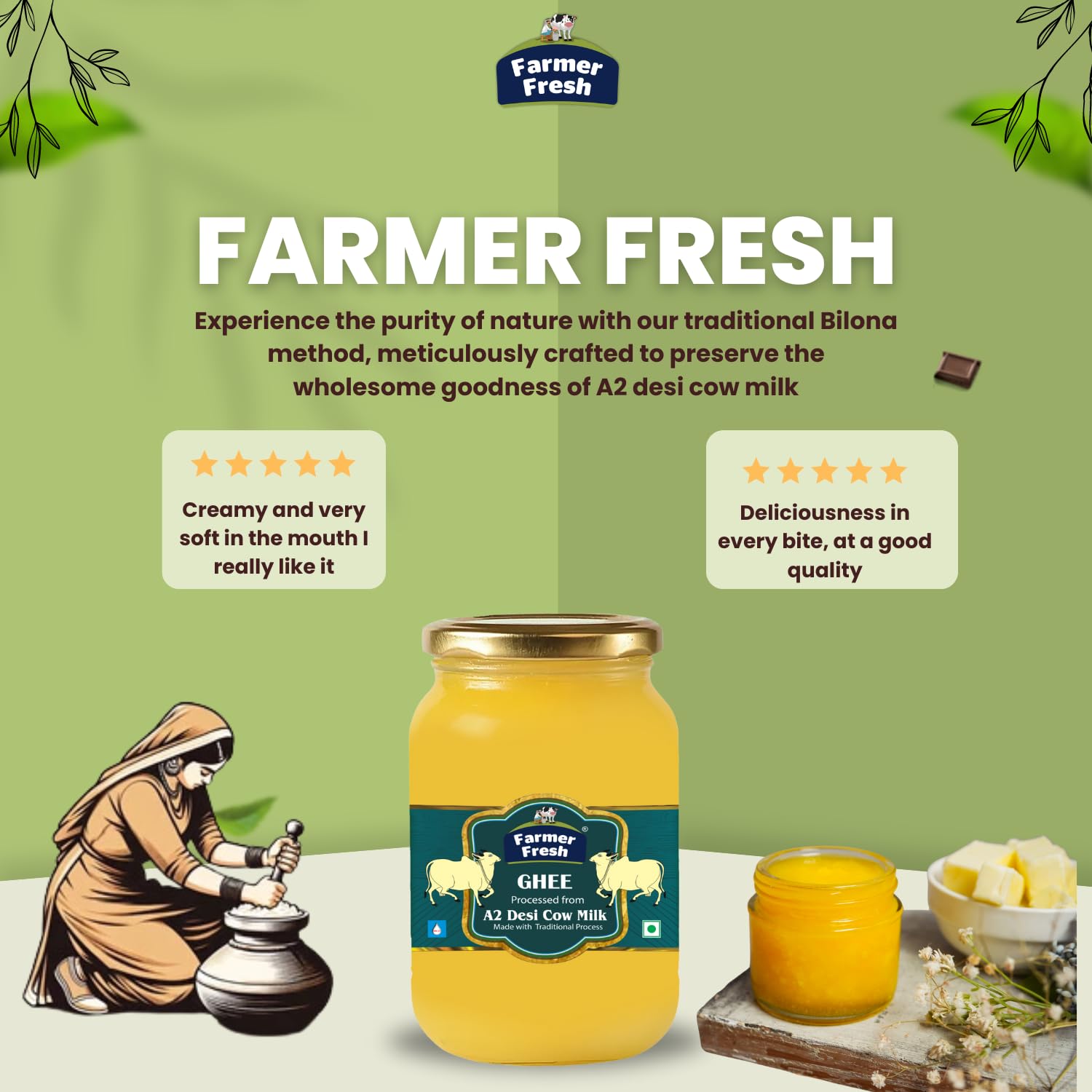 Pure A2 Desi Cow Ghee By Farmer Fresh | Highly Nutritious Rich Flavor & Ayurvedic Benefits Pure Desi Ghee For Good Health | (1 Litr) 33.8 Ounce | Jar Pack