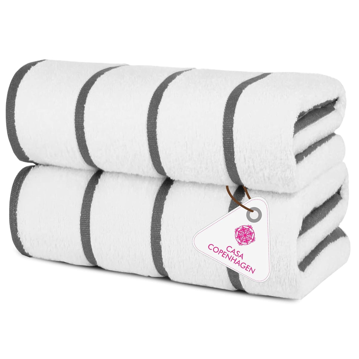 Casa Copenhagen Pack Of 2 Cabana Pool Xl Bath Towels 610 Gsm Cotton Rough And Tough Use Colour (White Grey Stripe)