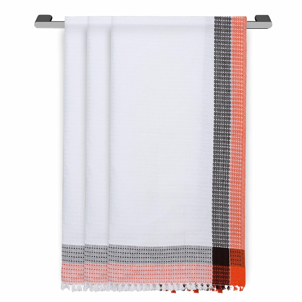 Ecosense Premium Large Cotton Non-Terry Bath Towels 900 Gsm | Soft Absorbent & Comfortable Bath Towels Large Size | Quick Dry Gym, Travel - Orange & Grey Waffle (Pack Of 3)