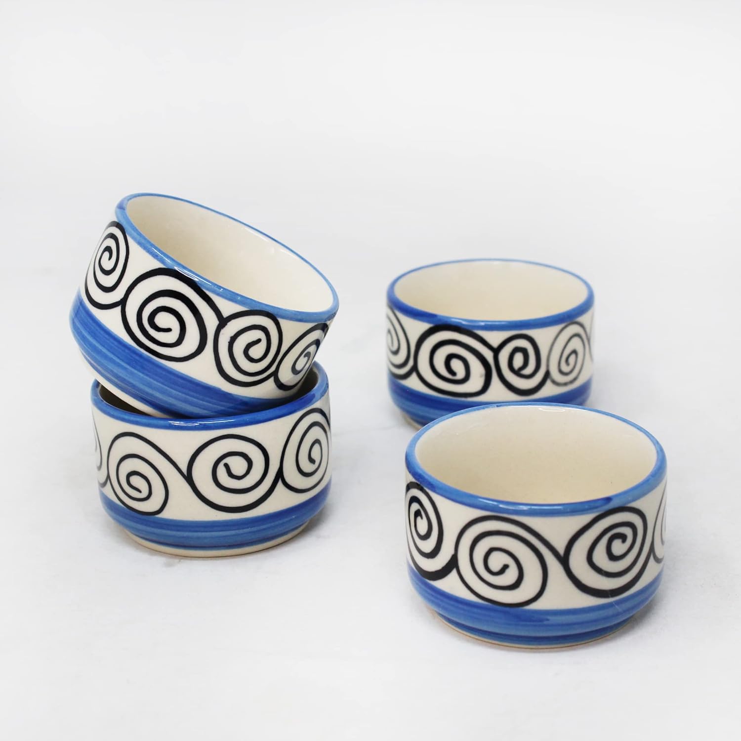 Blue Swirl Small Ceramic Dip Bowls Set - 4 Pieces, 50ml Each | Hand Painted Mini Chutney Bowls - Pickle Small Katoris For Serving Sauce