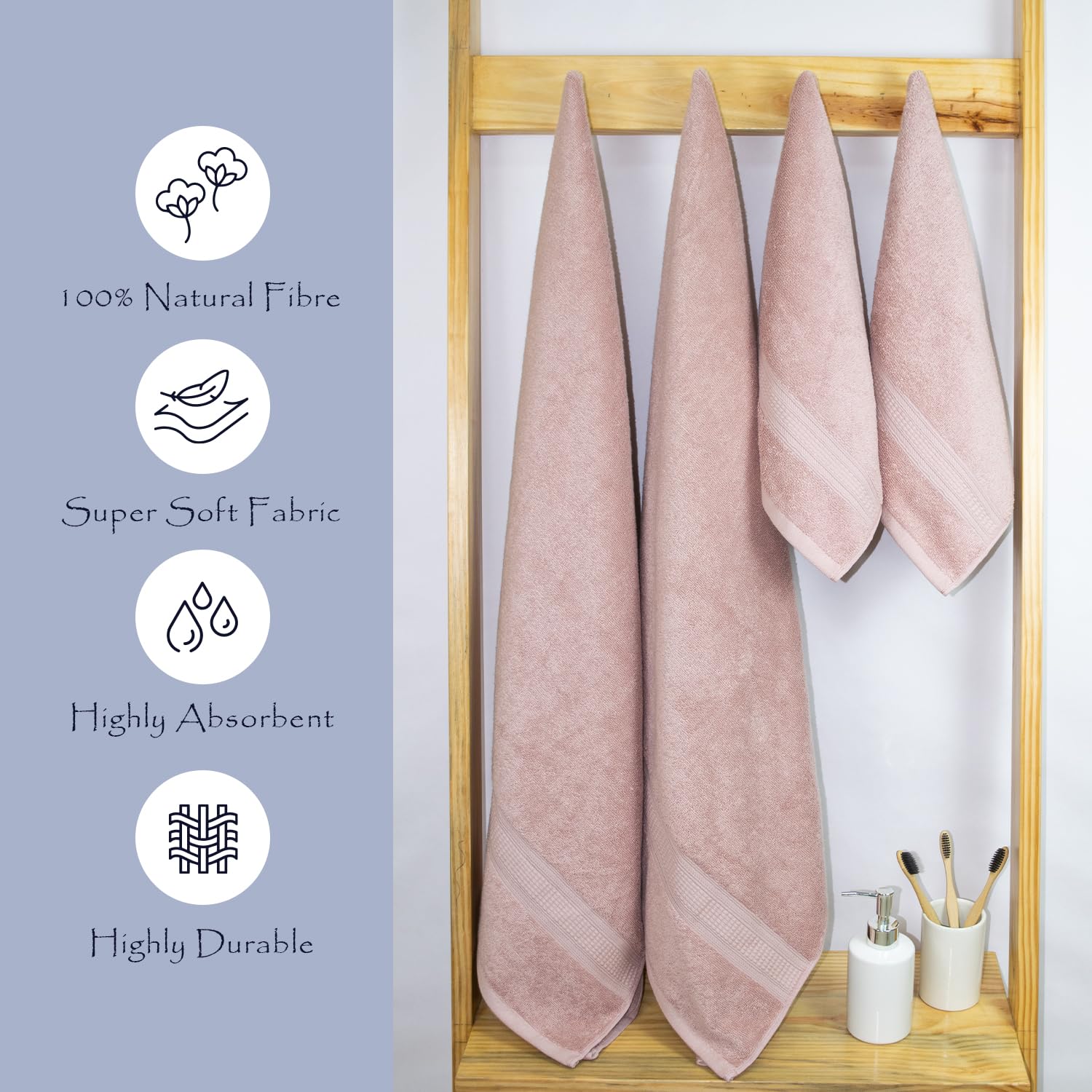 Rangoli 100% Cotton Fibre 2 Bath & 2 Hand Towel 1400 Gsm | Highly Durable & Super Absorbent Towel | Skin-Friendly & Quick Drying Luxury Towels (Peach) - Pack Of 4
