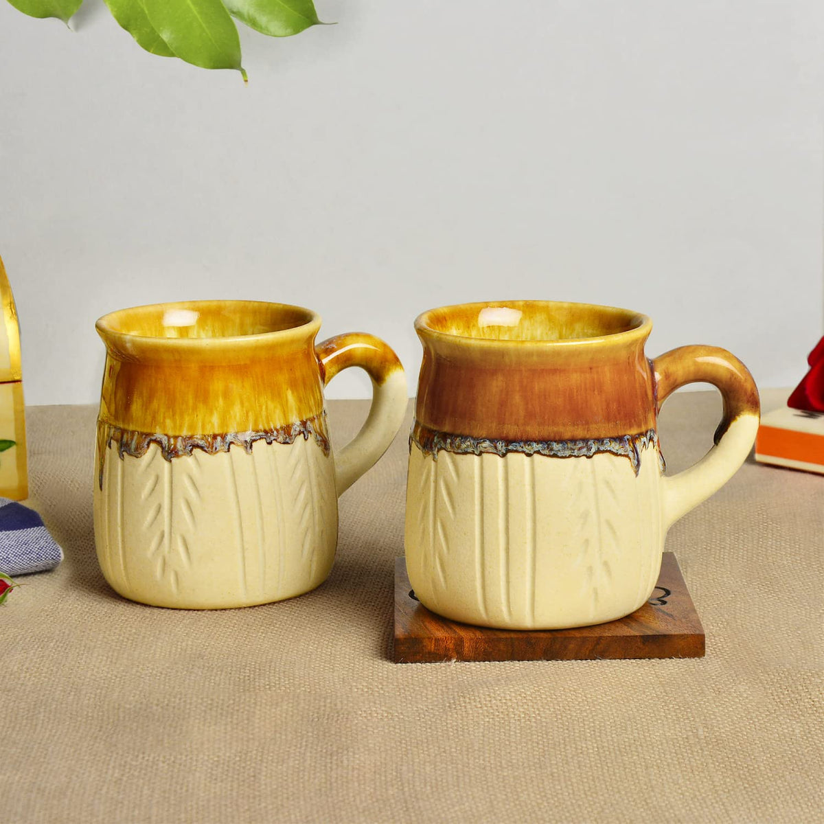 Hand Painted Ceramic Coffee Mugs Set Of 2 - Beige & Brown, 300ml Each | Milk Mugs - Chai Cups - Tea Cups & Mugs