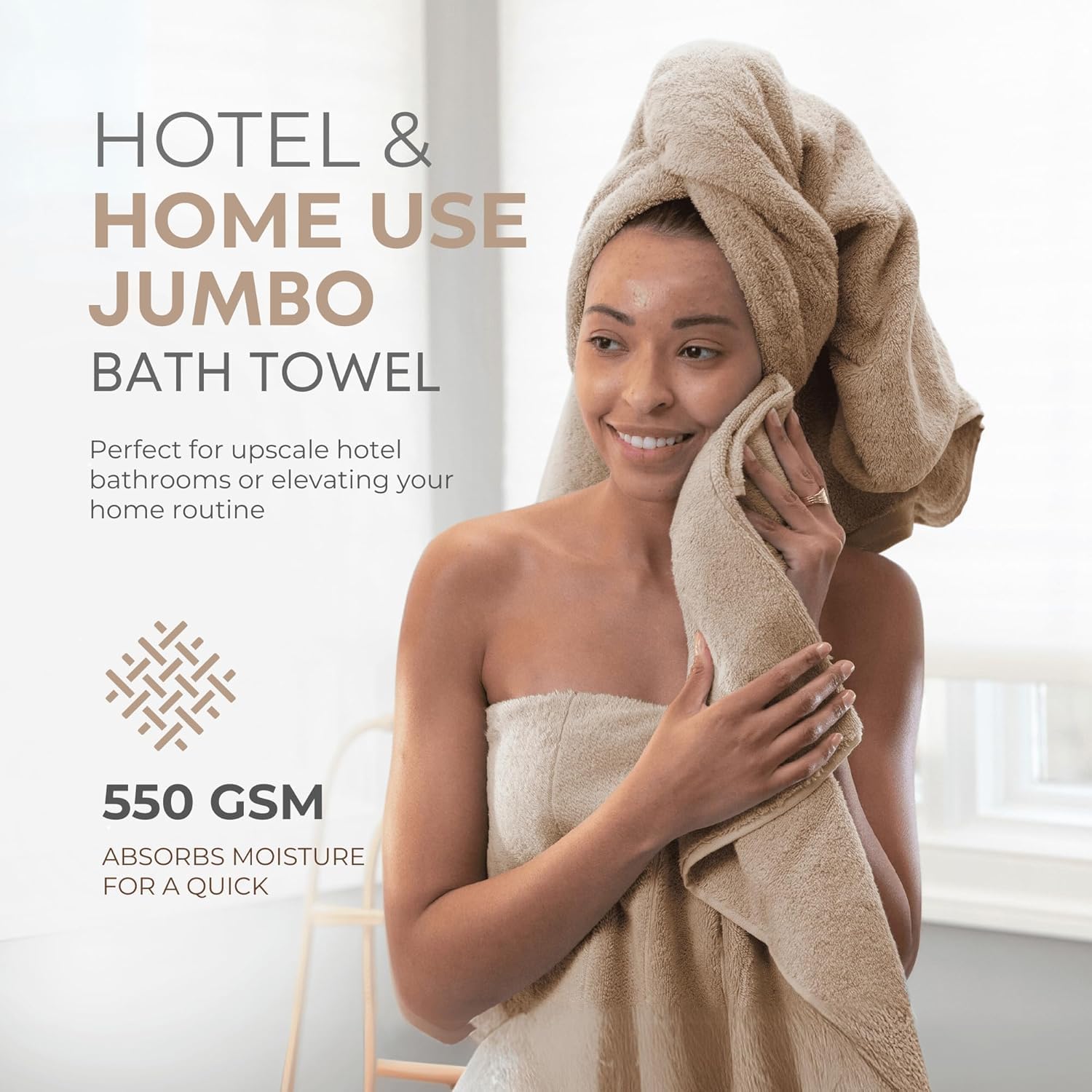 The Veloure 100% Cotton Jumbo Extra Large Bath Towel 550 Gsm | Super Soft & Fluffy Hotel & Home Use Bath Towel (Sand)