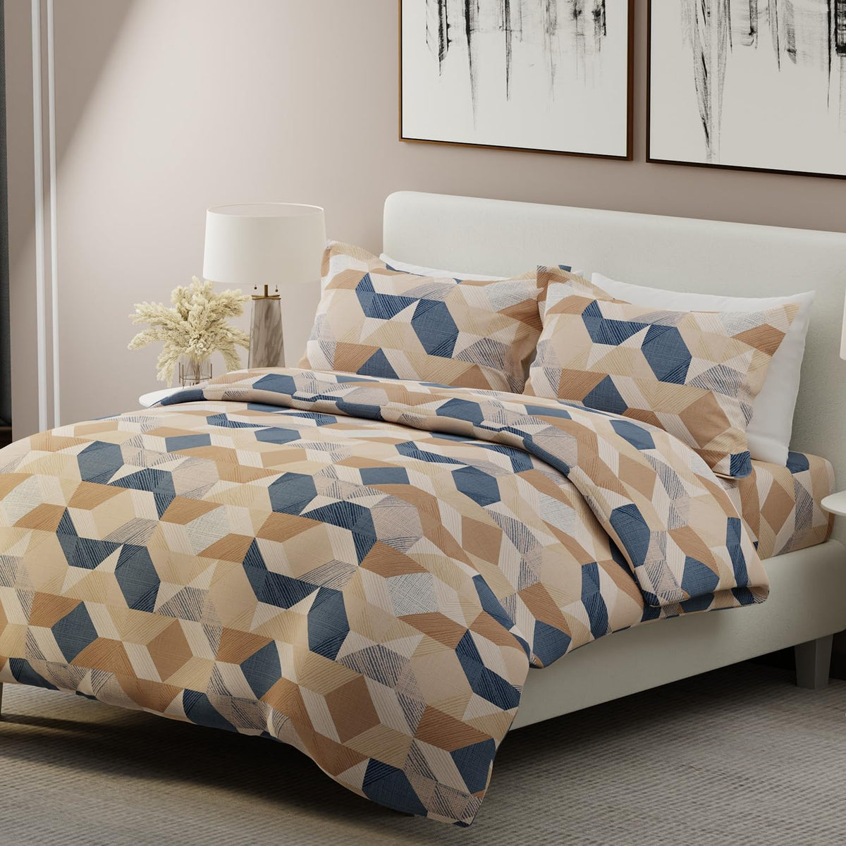 100% Cotton Bedsheet Set For Double Bed - 108 X 108 Inches, Brown & Blue | 1 Double Bed Sheet & 2 Pillow Covers - Gift For Weddings Or Birthdays King Size