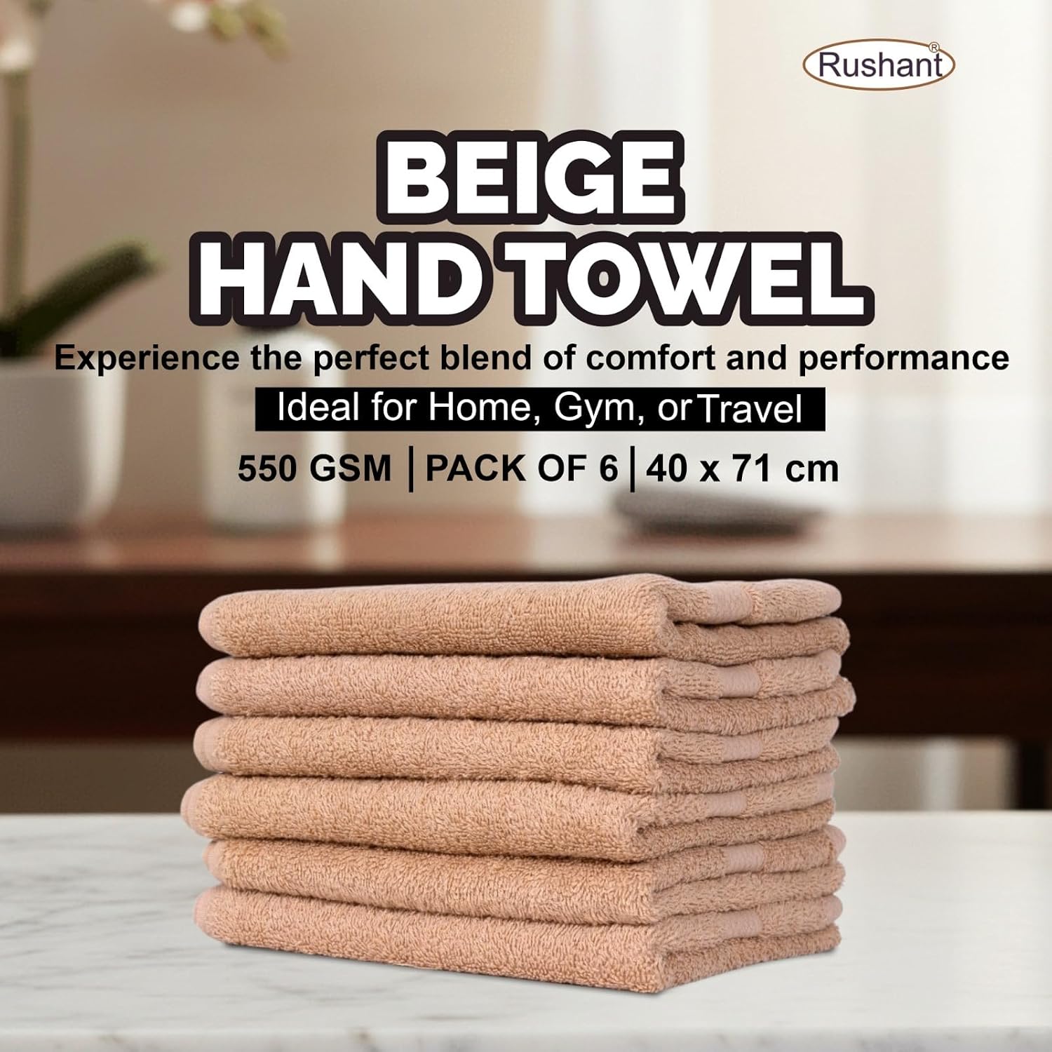Rushant 100% Combed Cotton Hand Towels 900 Gsm | Ultra Soft, Quick Dry & Super Absorbent For Home, Gym & Travel (Beige) - Set Of 6