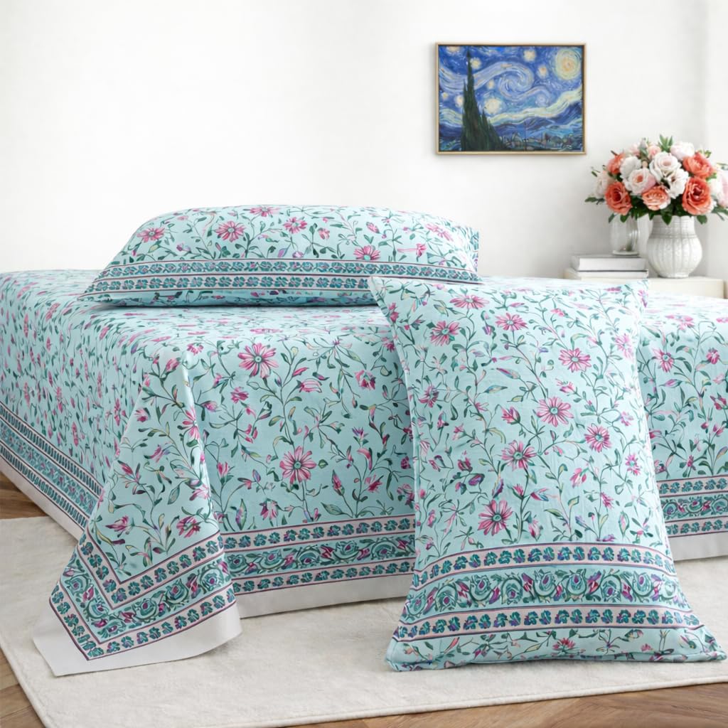 Hand Printed Double Bedsheet For King Size With 2 Pillow Covers | 90 X 108 Inches, Aqua & Pink | Ultra-Soft & Skin-Safe | Breathable Summer Comfort