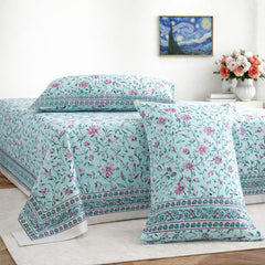 Hand Printed Double Bedsheet For King Size With 2 Pillow Covers | 90 X 108 Inches, Aqua & Pink | Ultra-Soft & Skin-Safe | Breathable Summer Comfort