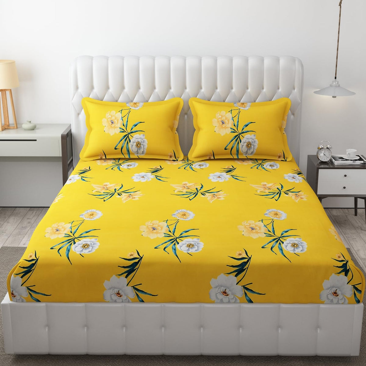 King Size Bedsheet With Two Pillow Cover (Size - 78 X 72 Inches, Yellow & White) | Elastic Fitted Floral Bedsheet | Best For Festival Gifting