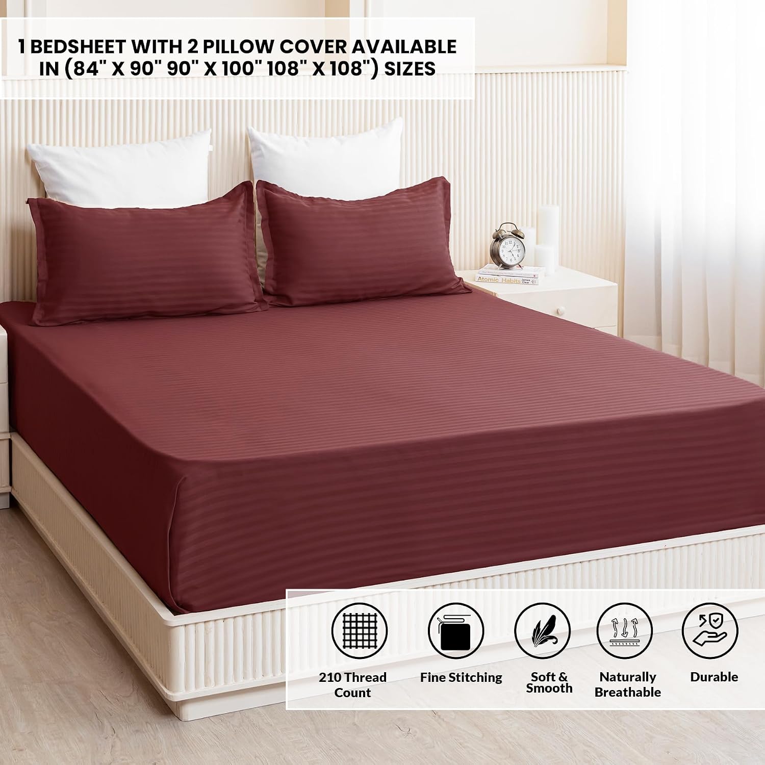 Cotton Flat Bedsheet For Queen With 2 Pillow Cover - 90 X 108 Inches, Maroon | Ideal For Everyday Use Bedsheet - 300 Thread Count