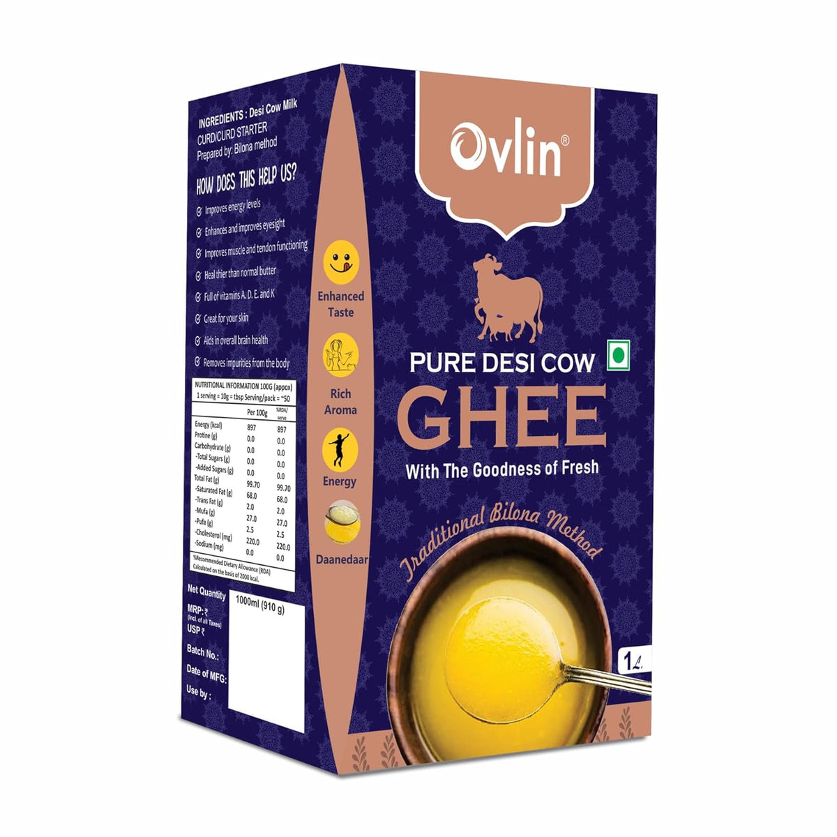 100% Pure Desi Bilona Danedar Cow Ghee By Ovlin | Good Source Of Healthy & Nutritious Desi Cow Ghee Perfect For Addition To Daily Meals | (1 Litr) 33.8 Ounce | Box Pack