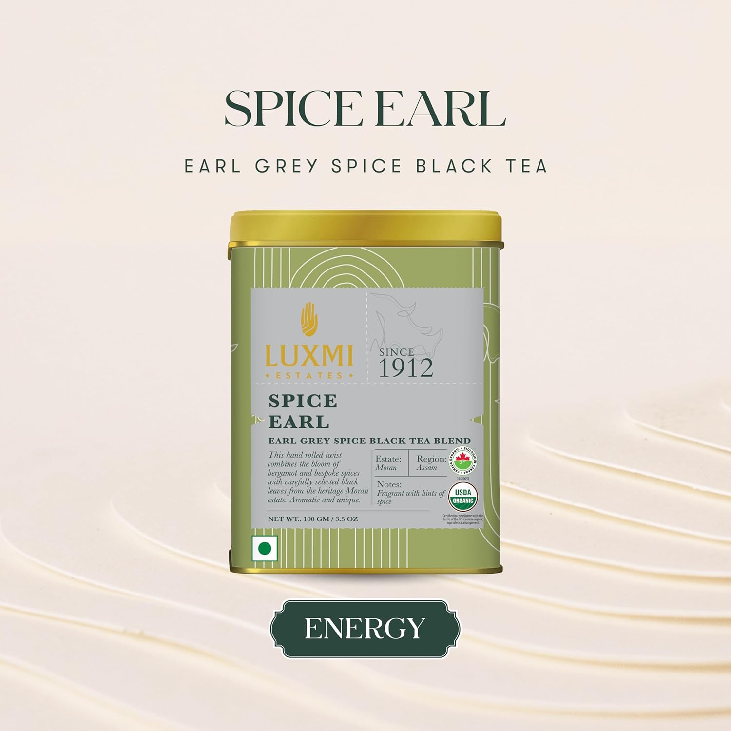 Luxmi Estates Spice Earl Grey Black Tea Blend - 100gm Tin, 3.5 Ounce | USDA Certified Organic Tea - Caffeinated Herbal Tea | Made With Cinnamon, Cardamom, Cloves, Black Pepper